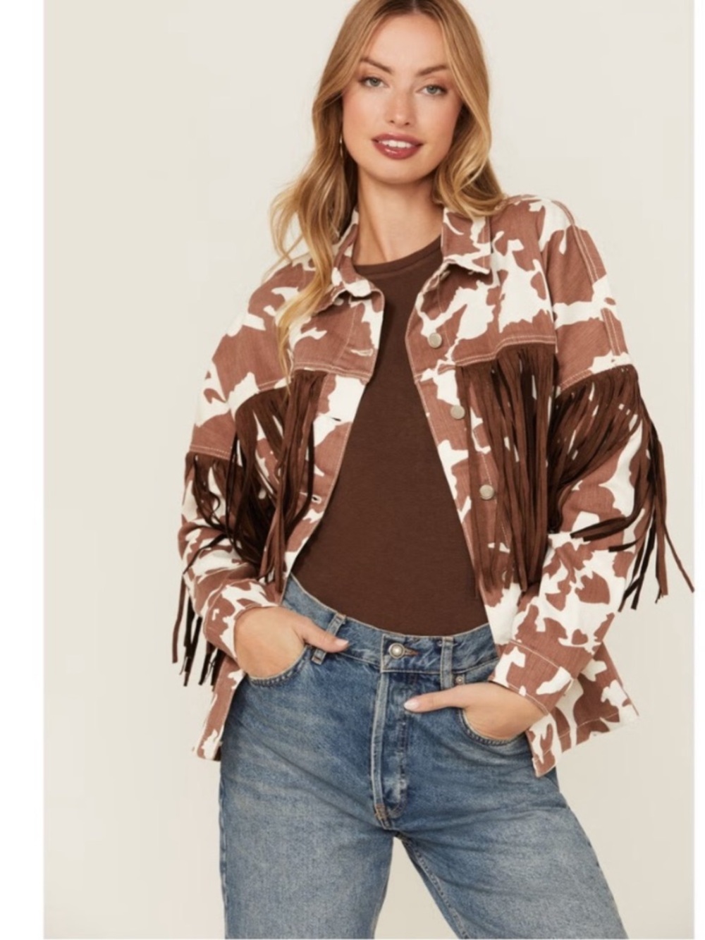 Saints & Hearts Cow Print Oversized Denim Jacket Fringe Country Concert/Western
